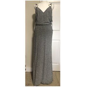 CALVIN KLEIN Silver gown with Hardware Strap Detail Shimmer Maxi dress